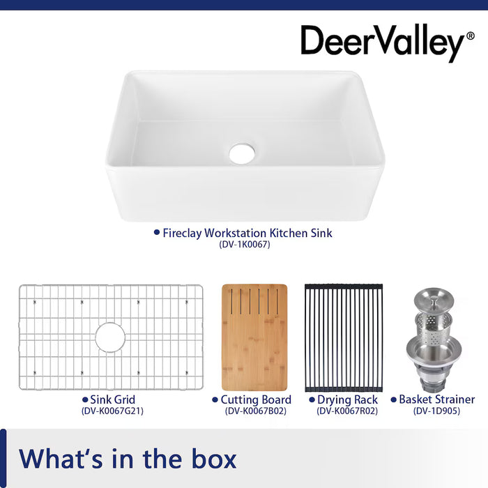 DeerValley White Fireclay 33 in. Single Bowl Farmhouse Apron Workstation Kitchen Sink (NEW)