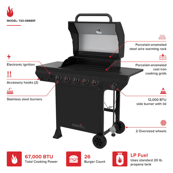Nexgrill 5-Burner Liquid Propane Gas Grill with Side Burner in Black