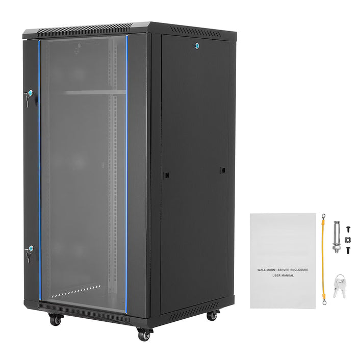 VEVOR 22U Network Cabinet Wall Mount 23.6 in. Depth Locking Glass Door, Side Panels for IT AV Gear (new)