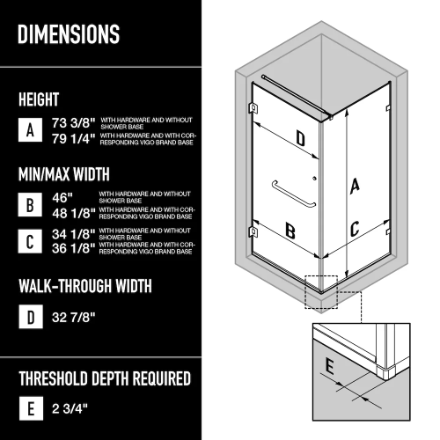 VIGO Pacifica 48 in. D x 36 in. W x 79 in. H Frameless Hinged Shower Enclosure Kit in Brushed Nickel with 3/8 in. Clear Glass & Left Drain Base (New)