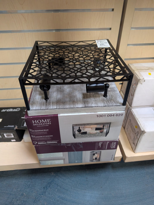 4-Light Black Metal & Faux Wood Square Cage Flushmount Ceiling Light (new)