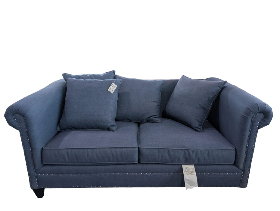 Denim Blue Roll-Arm Sofa with Silver Nailhead Detail (used)
