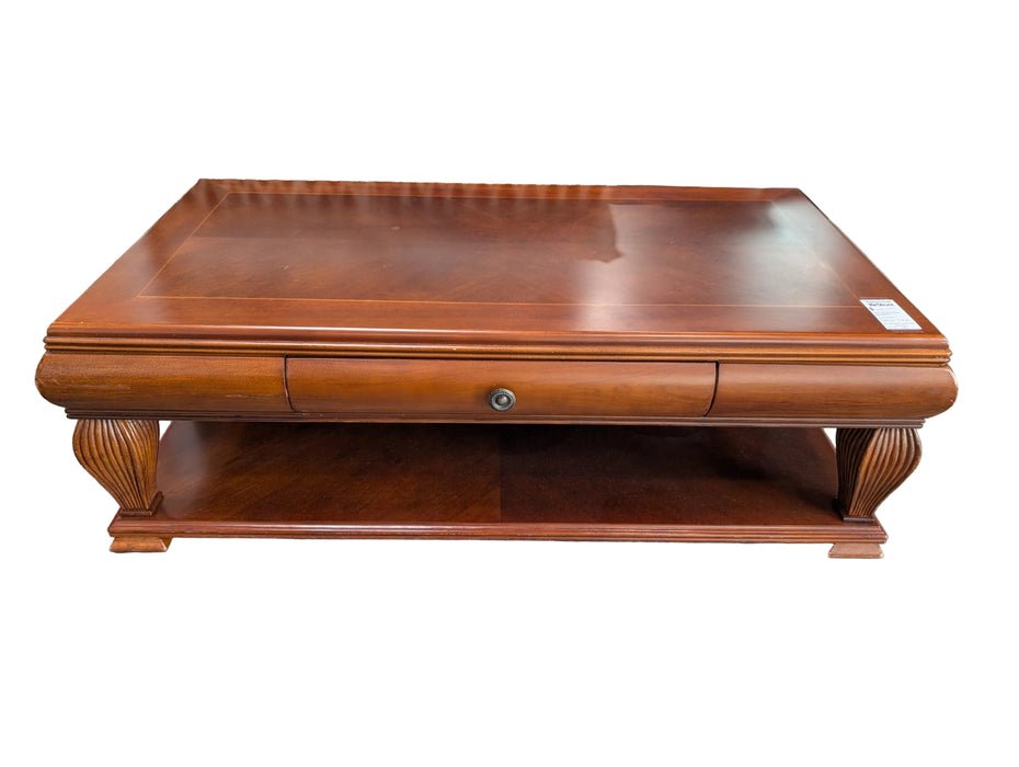 Vintage-Style Cherry Finish Coffee Table with Storage Drawer and Lower Shelf (used)
