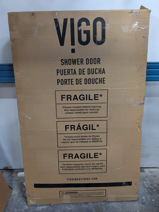 VIGO Rialto 34 in. W x 58 in. H Frameless Hinged Bathtub Door in Chrome with Clear Glass and Handle (new)