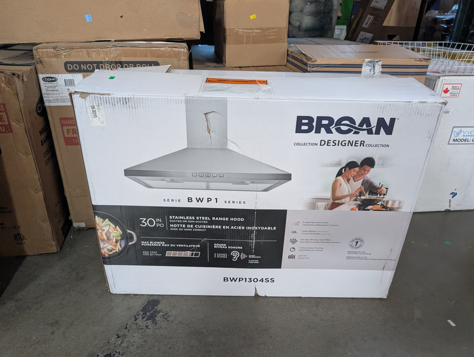 Broan-NuTone 30-inch Pyramid Chimney Wall Mount Range Hood, 450 MAX CFM in Stainless Steel, Optional Non-Duct Kit Separate