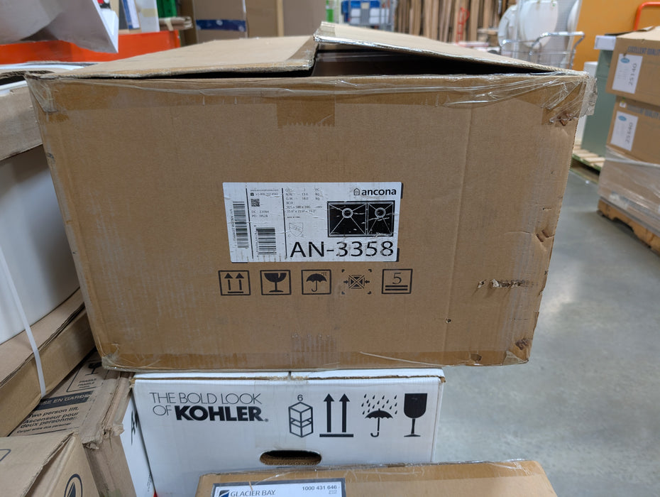 Ancona 32 inch 60/40 Double Bowl Undermount Kitchen Sink with Grid and Roll-Up Mat in Black PVD Nano (New)
