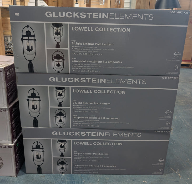 GlucksteinElements Lowell 3-Light Outdoor Post Mount Lantern Light Black Metal Finish with Clear Glass (new)