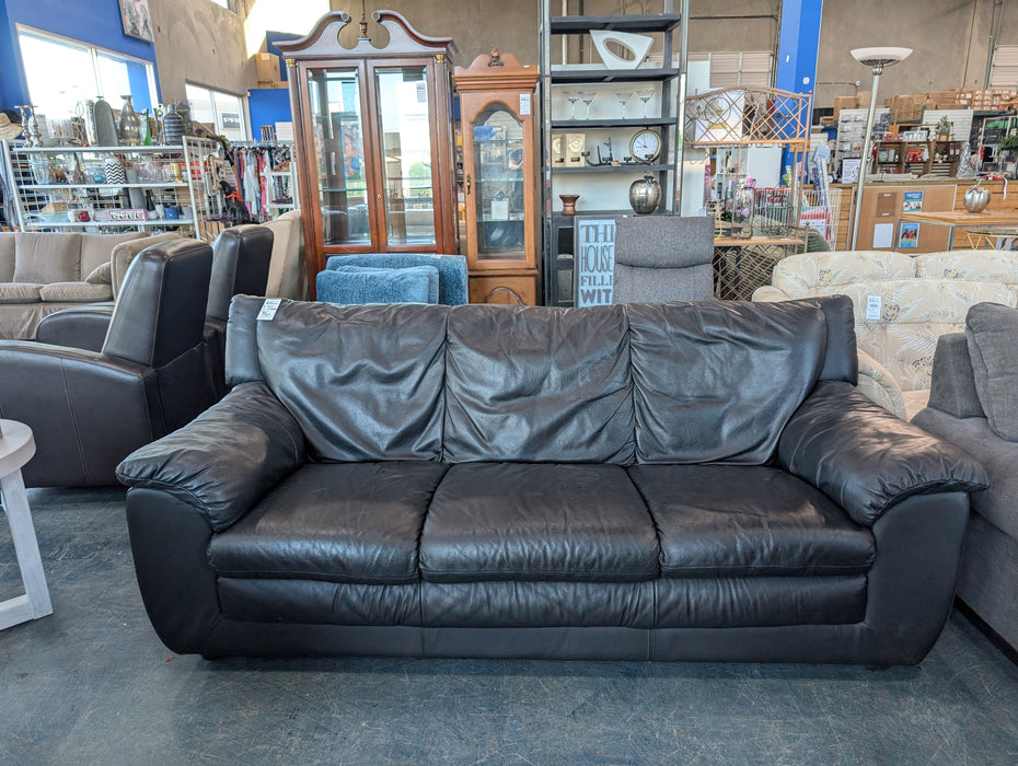Black Leather Plush Pillow-Top 3-Seater Sofa (used)