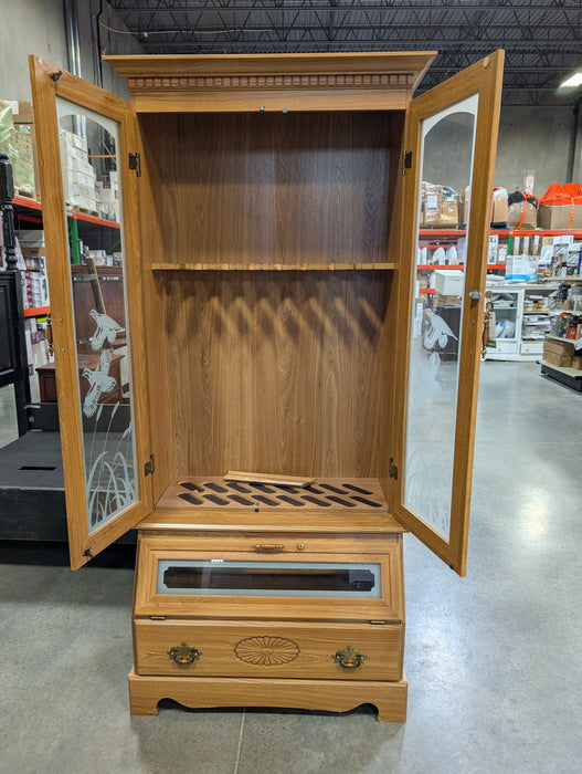Vintage Wood And Etched Glass Locking Gun Cabinet (Used)