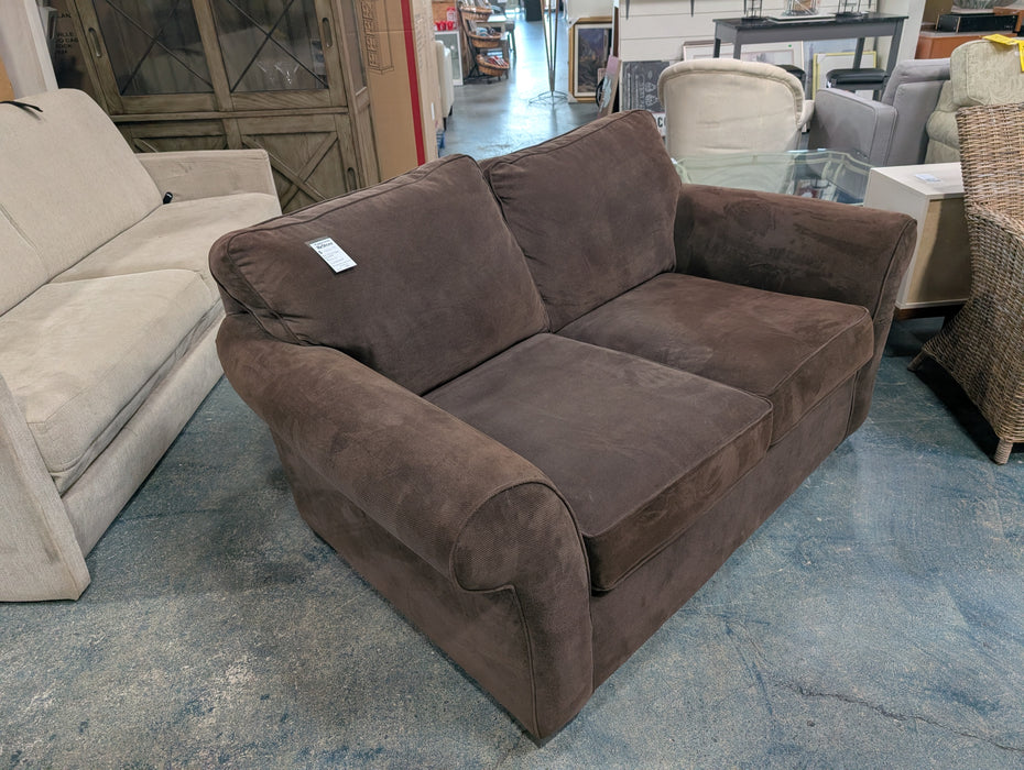 Classic Rolled-Arm 2-Cushion Loveseat in Chocolate Brown Textured Fabric (used)
