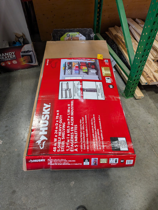 Husky 48-inch W x 78-inch H x 24-inch D 5-Shelf Heavy Duty Industrial Welded Steel Garage Storage Rack Shelving Unit in Black (Missing 1 Leg)