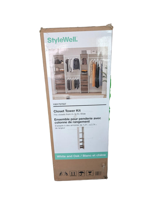 StyleWell Reach-In Closet Organizer Tower Kit with Hanging Rods & 5 Shelves, White/Aged Oak. Fits Spaces 4 ft to 9 ft
