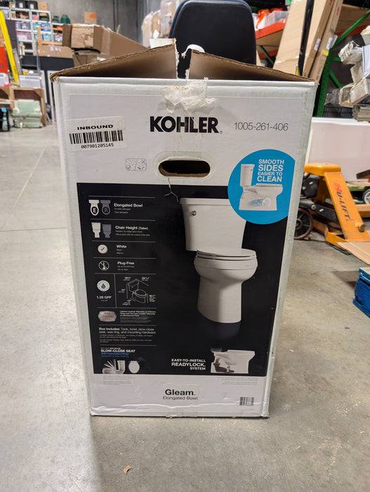 KOHLER Gleam 2-Piece Chair Height Elongated Skirted 4.8 LPF Single Flush Toilet in White with Slow Close Seat (Missing Tank Lid)