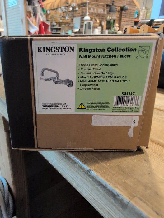 Kingston KS313C Double-Handle 2-Hole Wall-Mount Bridge Kitchen Faucet, Polished Chrome (New)