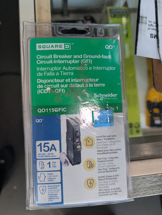 Schneider Electric Square D Single Pole 15 Amp QO GFCI Circuit Breaker (new)