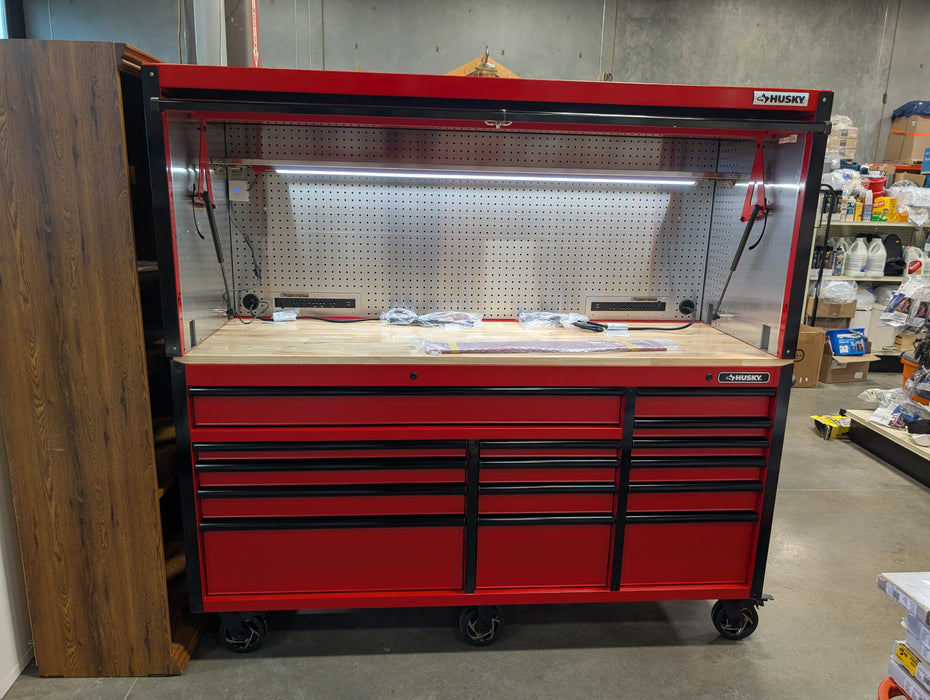 Husky Heavy-Duty 72 inch W x 24 inch D 15-Drawer Mobile Workbench with Wood Top and Tool Workbench Storage Hutch in Red (New)