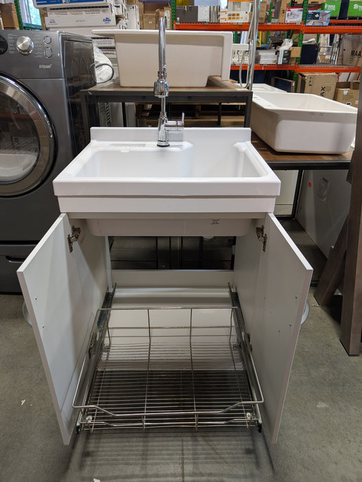 28 in. W x 22 in. D x 38 in. H All-in-One Freestanding ABS Single Bowl Laundry Sink White Shaker Style Cabinet Faucet Combo (Used)