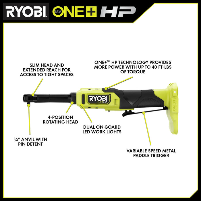 Ryobi 18V ONE+ HP Brushless Cordless 1/4-inch Extended Reach Ratchet (Tool-Only)