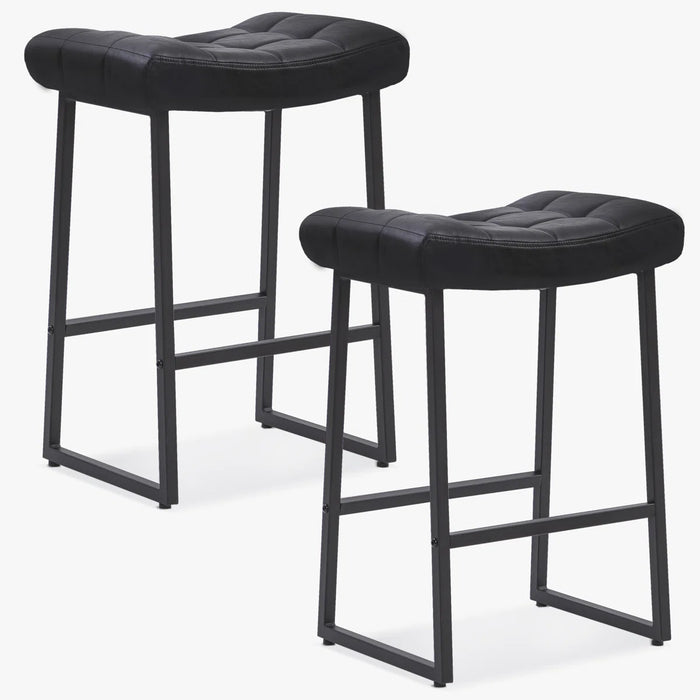 24" Modern Backless Saddle Counter Height Bar Stools With Metal Frame for Kitchen Island (Set of 2) - Colour Pattern Black Seat Black Frame - WF-001-BK-2