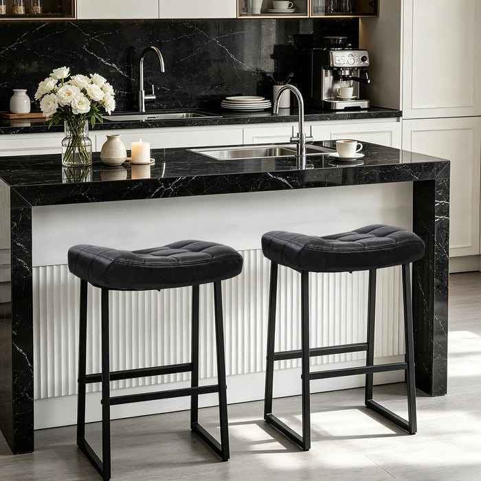 24" Modern Backless Saddle Counter Height Bar Stools With Metal Frame for Kitchen Island (Set of 2) - Colour Pattern Black Seat Black Frame - WF-001-BK-2