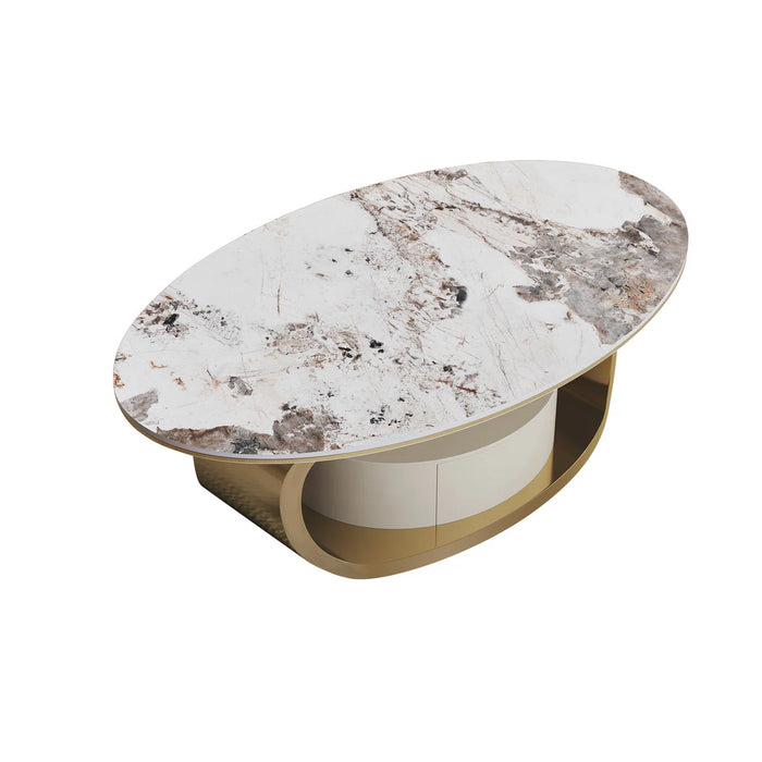 Modern Luxury Coffee Table Scratch-Resistant Faux Marble Surface, Polished Gold Frame & Hidden Drawer - ANS-CT-036