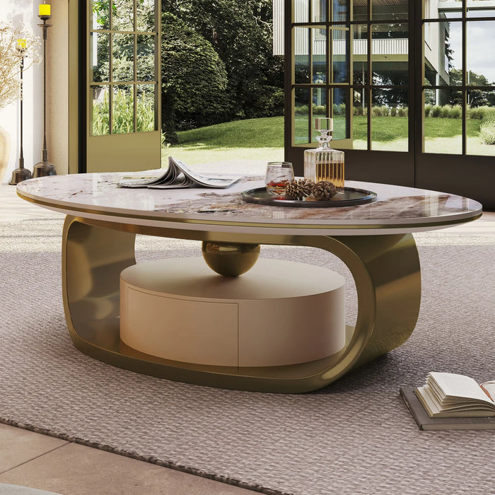 Modern Luxury Coffee Table Scratch-Resistant Faux Marble Surface, Polished Gold Frame & Hidden Drawer - ANS-CT-036