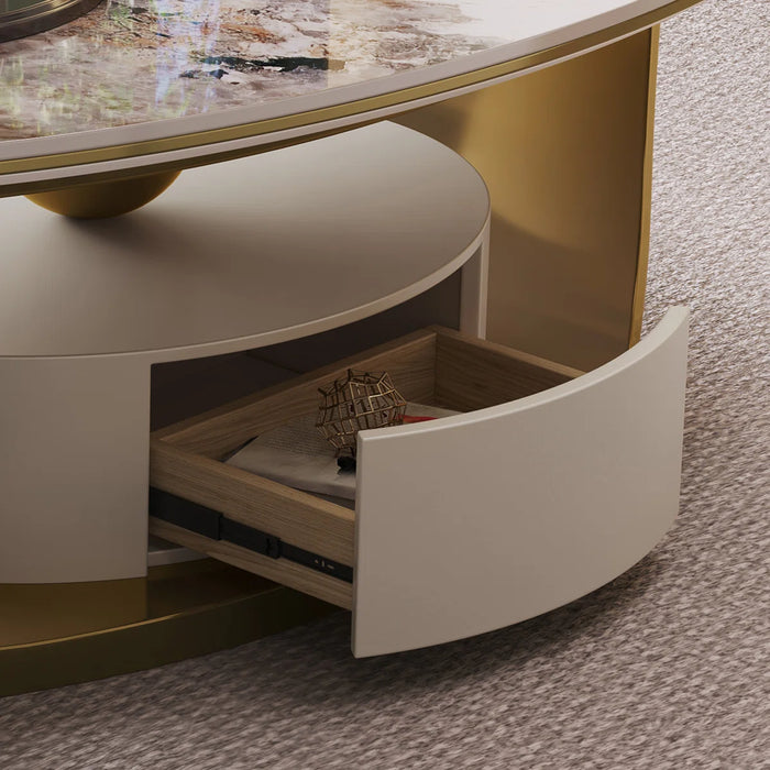 Modern Luxury Coffee Table Scratch-Resistant Faux Marble Surface, Polished Gold Frame & Hidden Drawer - ANS-CT-036