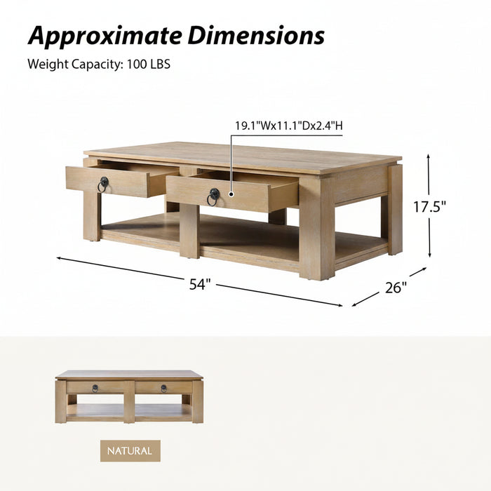Jorge 54" Modern Rustic 4-Drawers Farmhouse Coffee Table - Color Natural - CTCS1280-NAT
