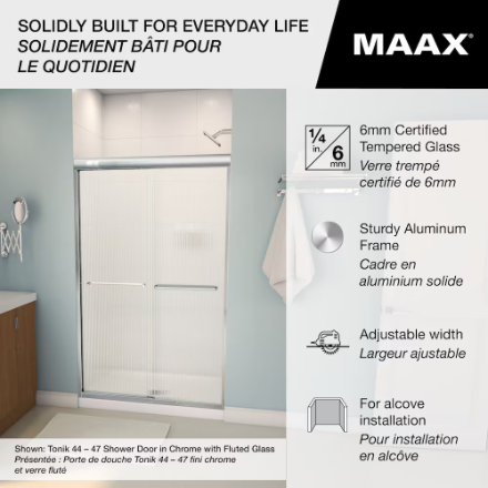MAAX Tonik 55 to 59" W x 71" H Semi-Frameless ByPass Sliding Shower Door in Chrome