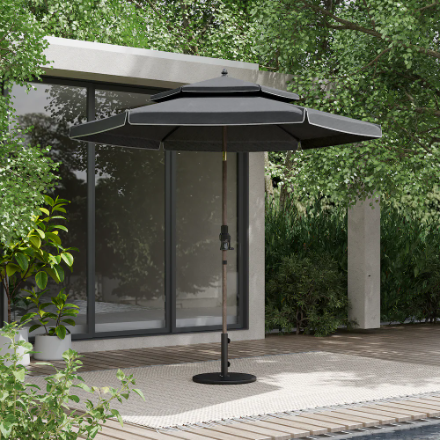9 ft. Double Tier Tilt, Crank Patio Umbrella, Black with white trim (Used)