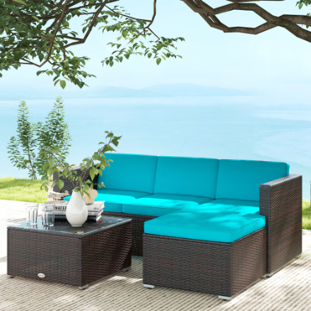 Outsunny 3 Piece Cushioned Rattan Set in Turquoise (New)