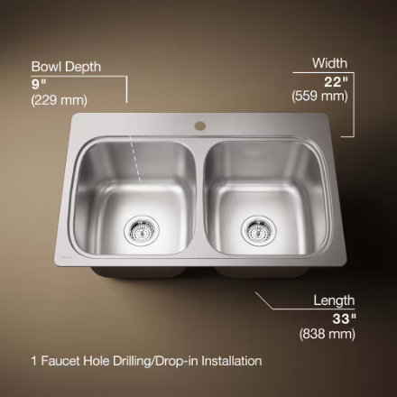 Kohler Verse 33" Drop-In Stainless Steel Double Bowl Kitchen Sink (New)