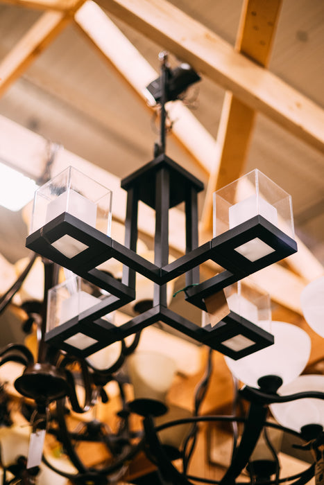Matte Black Chandelier – Modern 4-Light with Frosted & Clear Glass
