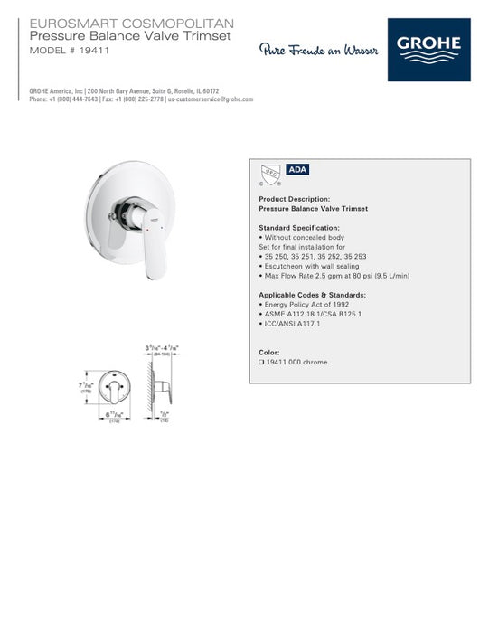 GROHE Euro-smart Cosmopolitan Valve Trim Kit – Chrome Finish (new)